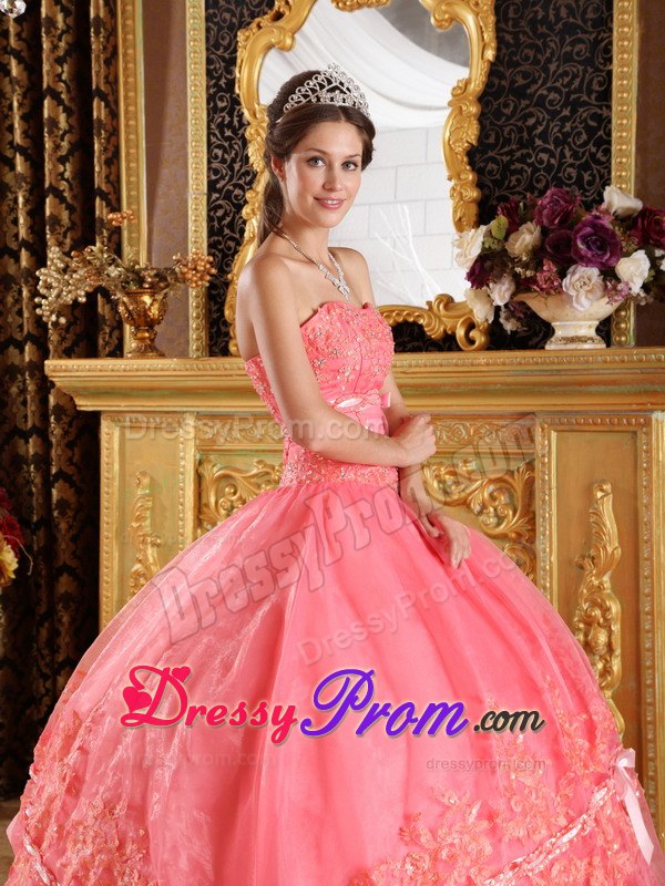 Strapless Appliques Watermelon Sweet Sixteen Quinceanera Dresses