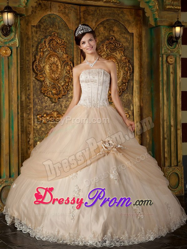 Strapless Champagne Appliques Tulle Quinceanera Dress