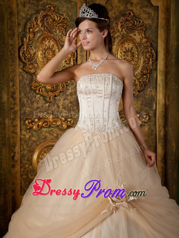 Strapless Champagne Appliques Tulle Quinceanera Dress