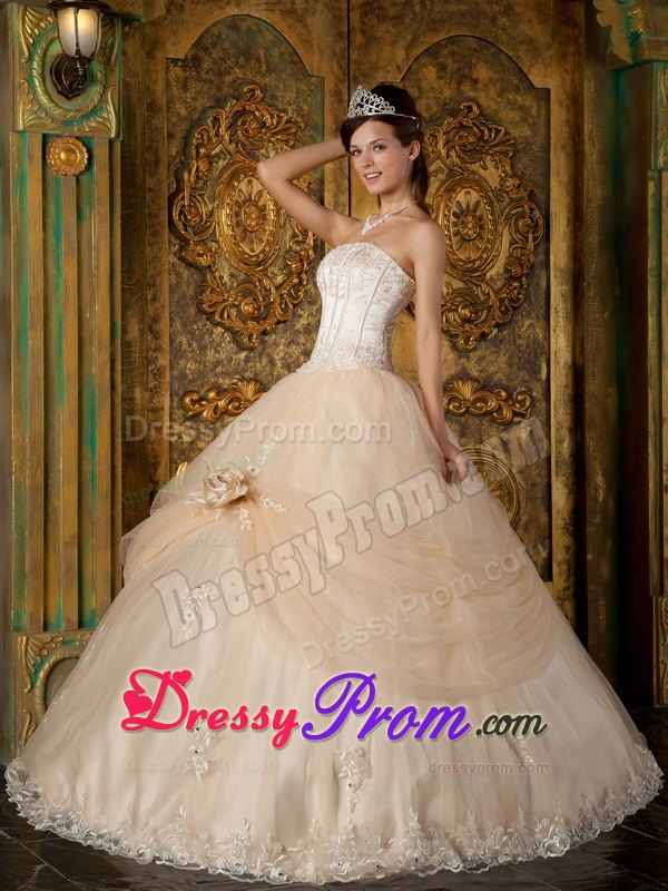 Strapless Champagne Appliques Tulle Quinceanera Dress