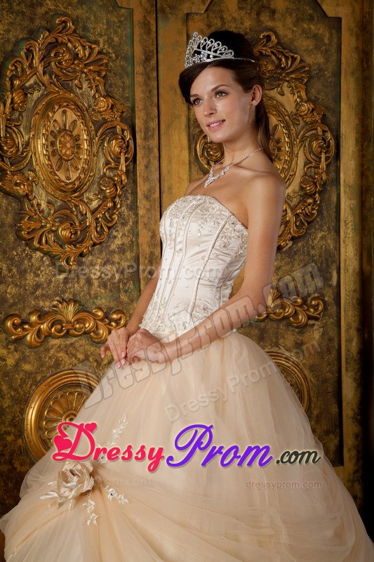 Strapless Champagne Appliques Tulle Quinceanera Dress