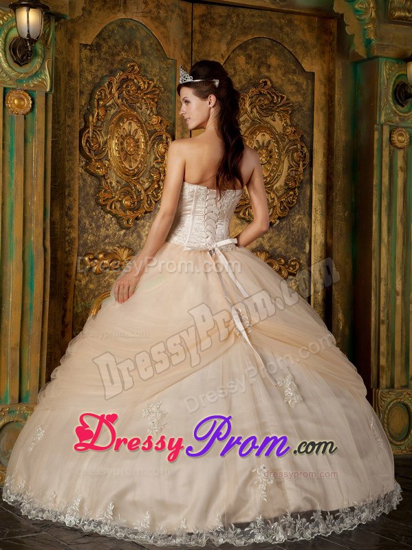Strapless Champagne Appliques Tulle Quinceanera Dress