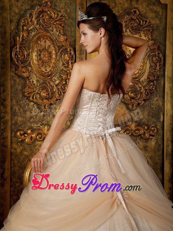Strapless Champagne Appliques Tulle Quinceanera Dress