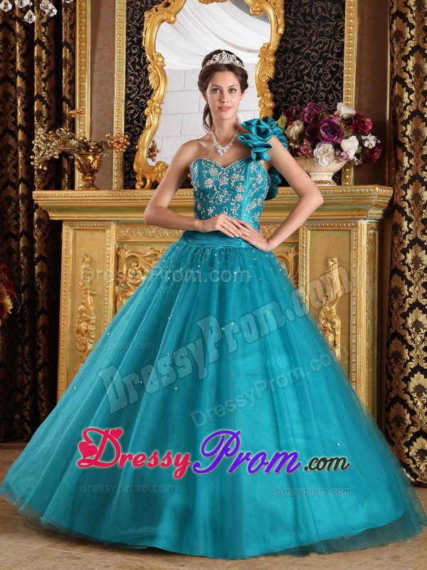 Teal A-Line One Shoulder Floor-length Beading Quinceanera Dress