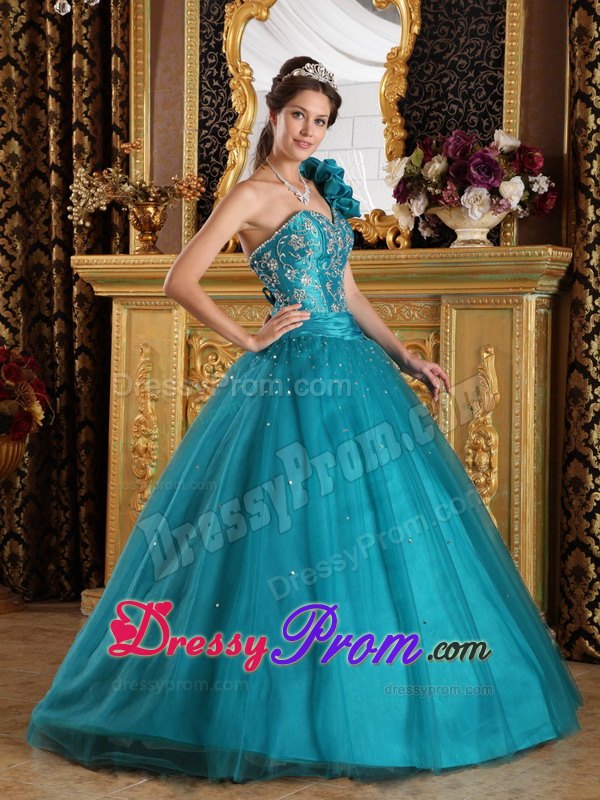 Teal A-Line One Shoulder Floor-length Beading Quinceanera Dress