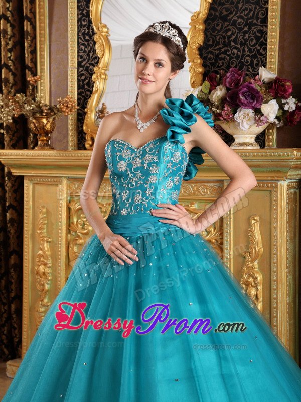 Teal A-Line One Shoulder Floor-length Beading Quinceanera Dress