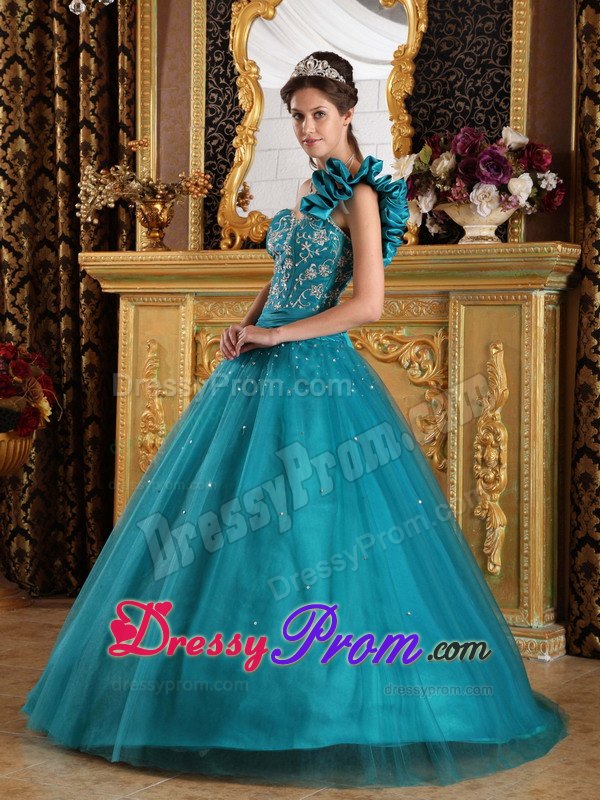 Teal A-Line One Shoulder Floor-length Beading Quinceanera Dress