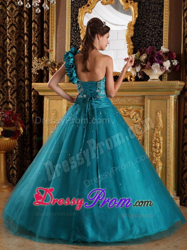 Teal A-Line One Shoulder Floor-length Beading Quinceanera Dress