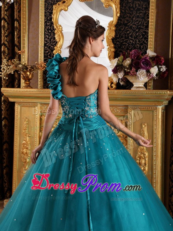 Teal A-Line One Shoulder Floor-length Beading Quinceanera Dress