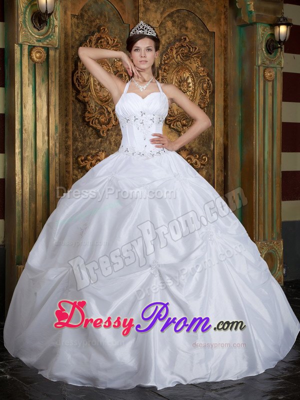 Halter Beading Sweetheart Pick-ups White Quinceanera Dress