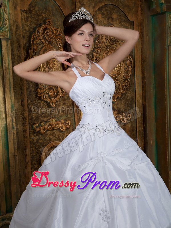 Halter Beading Sweetheart Pick-ups White Quinceanera Dress