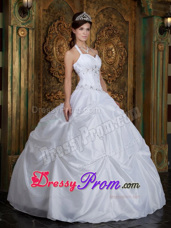 Halter Beading Sweetheart Pick-ups White Quinceanera Dress
