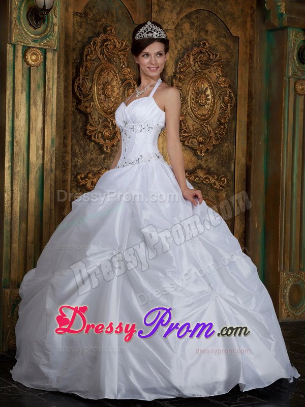 Halter Beading Sweetheart Pick-ups White Quinceanera Dress
