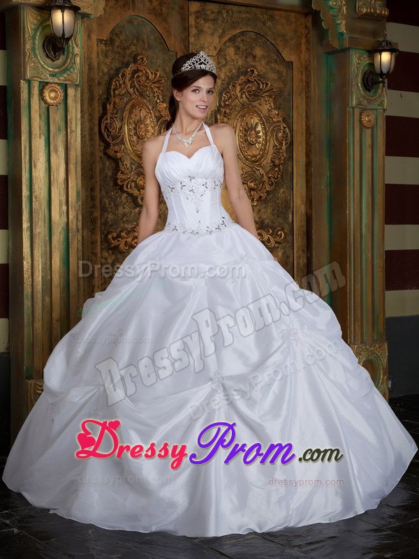 Halter Beading Sweetheart Pick-ups White Quinceanera Dress