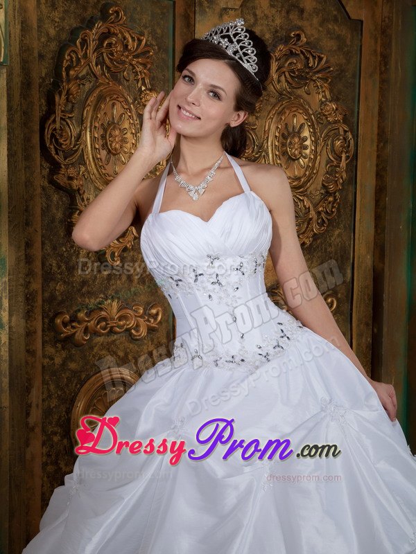 Halter Beading Sweetheart Pick-ups White Quinceanera Dress