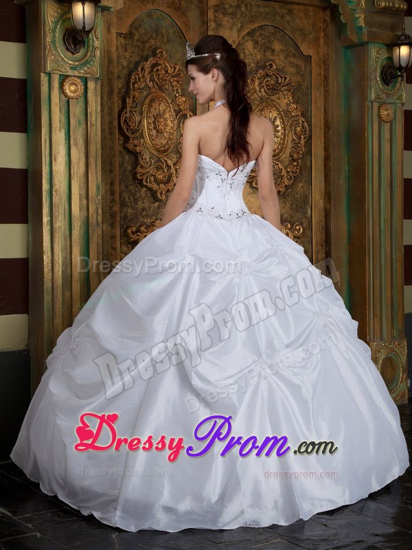 Halter Beading Sweetheart Pick-ups White Quinceanera Dress