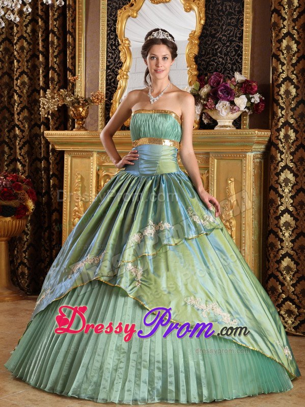 Pleated Olive Green Strapless Appliques Quinceanera Dress