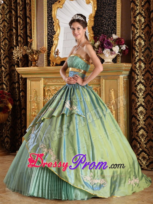 Pleated Olive Green Strapless Appliques Quinceanera Dress