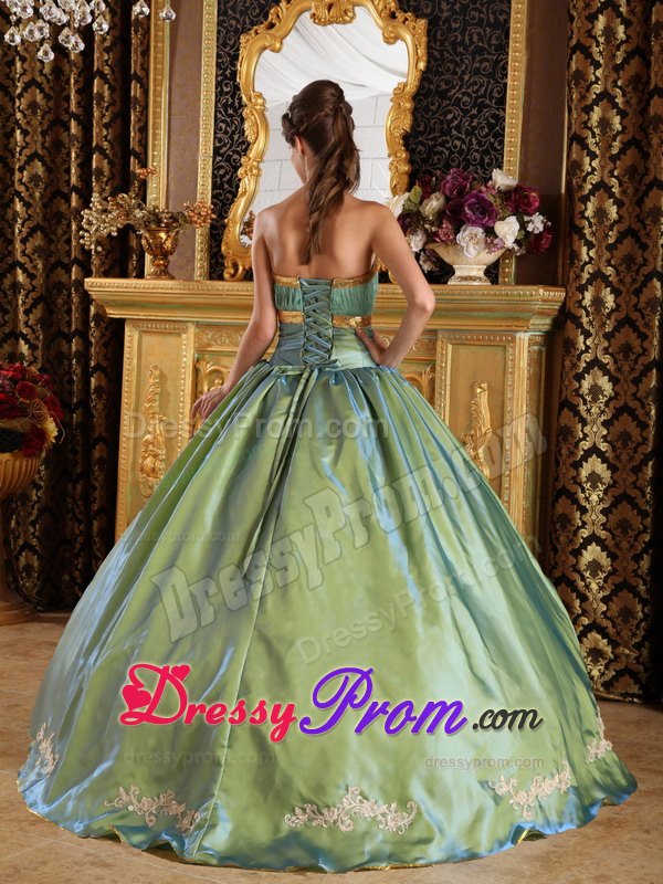 Pleated Olive Green Strapless Appliques Quinceanera Dress
