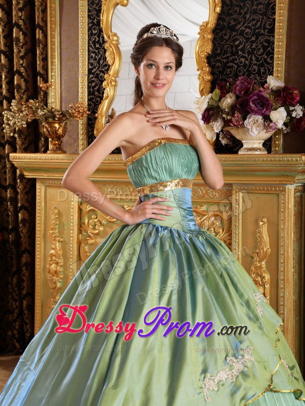 Pleated Olive Green Strapless Appliques Quinceanera Dress