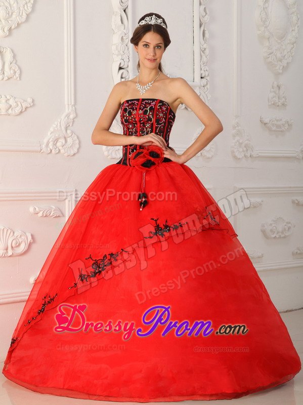 Strapless Sequin Red Quinceanera Dress with Black Appliques