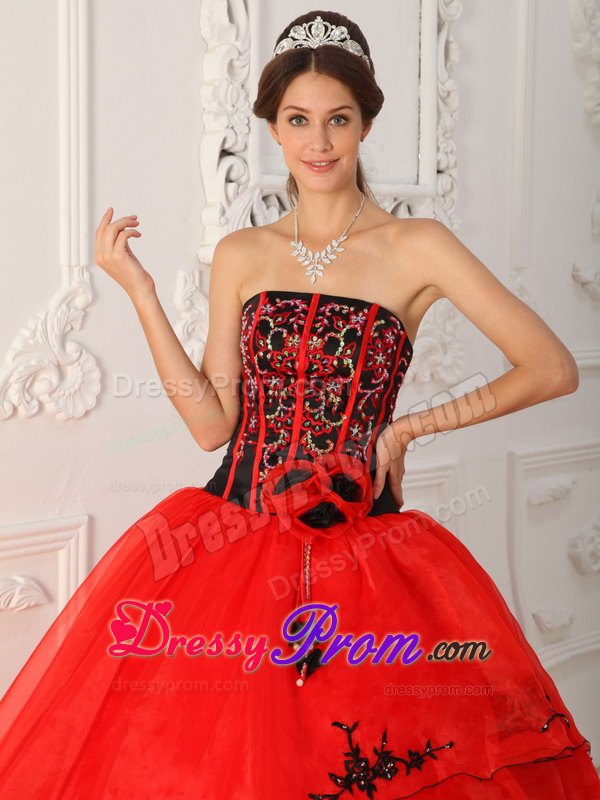 Strapless Sequin Red Quinceanera Dress with Black Appliques