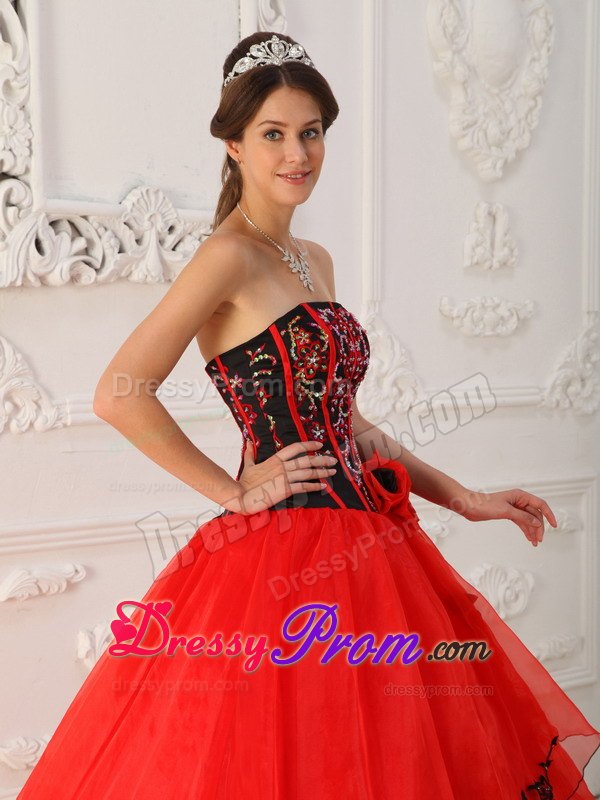 Strapless Sequin Red Quinceanera Dress with Black Appliques