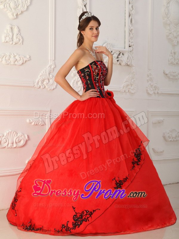 Strapless Sequin Red Quinceanera Dress with Black Appliques