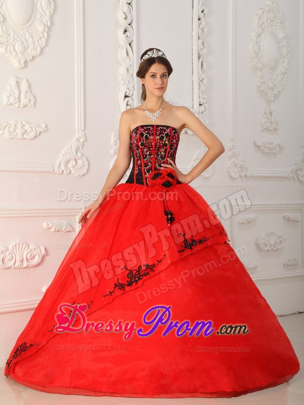 Strapless Sequin Red Quinceanera Dress with Black Appliques