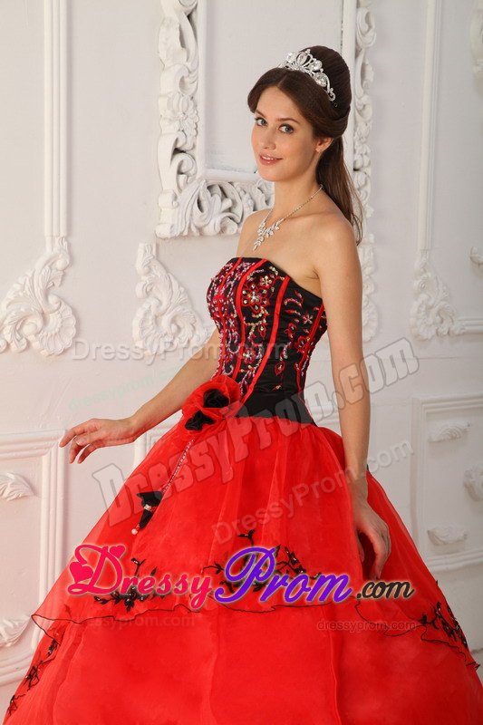 Strapless Sequin Red Quinceanera Dress with Black Appliques