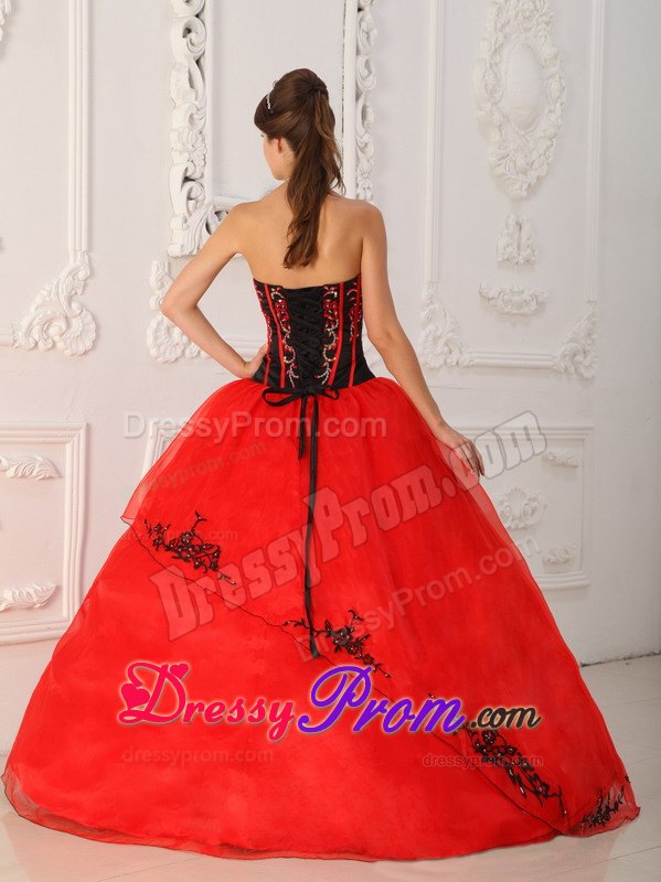 Strapless Sequin Red Quinceanera Dress with Black Appliques