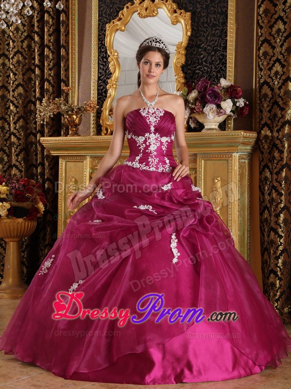 Strapless Fuchsia Ball Gown with Appliques for Quinceanera