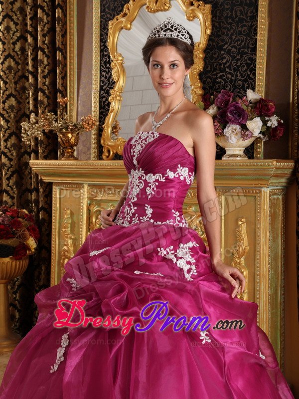 Strapless Fuchsia Ball Gown with Appliques for Quinceanera