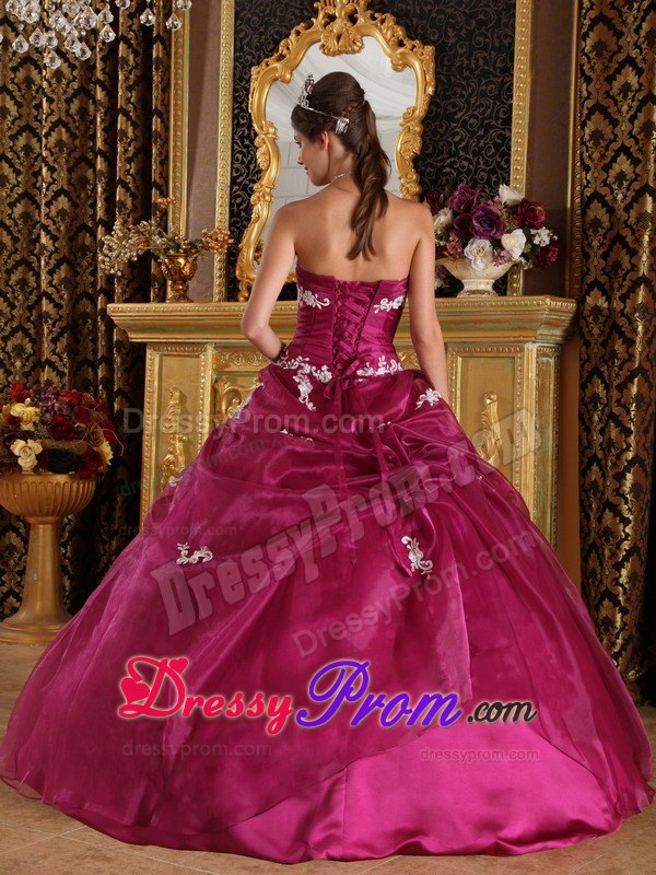 Strapless Fuchsia Ball Gown with Appliques for Quinceanera
