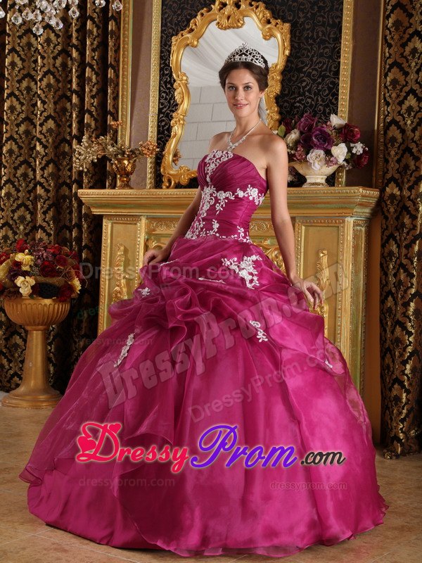 Strapless Fuchsia Ball Gown with Appliques for Quinceanera