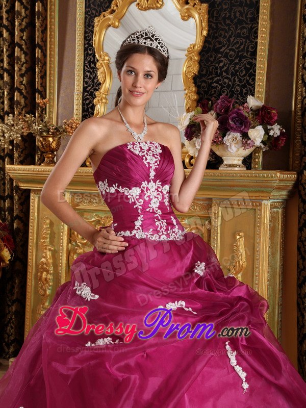 Strapless Fuchsia Ball Gown with Appliques for Quinceanera