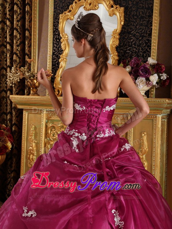 Strapless Fuchsia Ball Gown with Appliques for Quinceanera