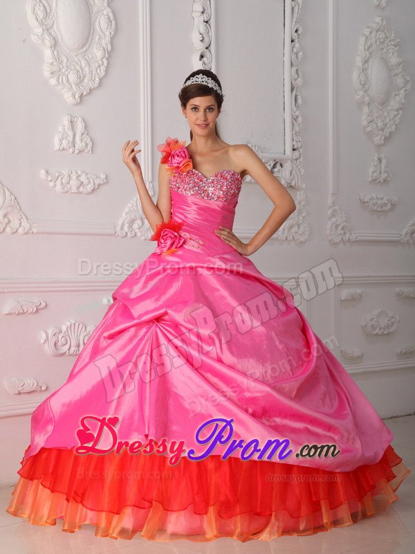 Beaded Sweetheart Rose Pink One Shoulder Quinceanera Dress