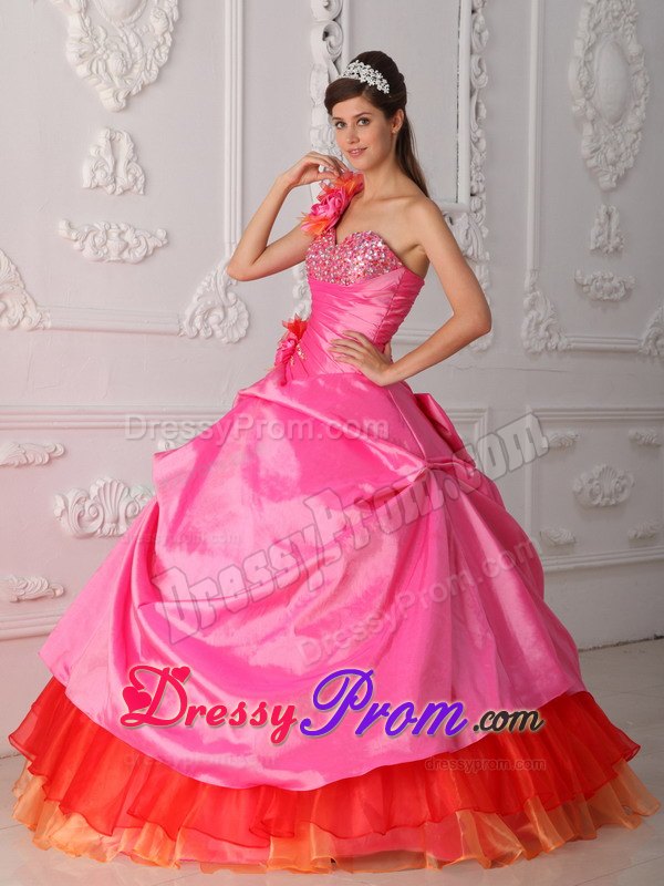 Beaded Sweetheart Rose Pink One Shoulder Quinceanera Dress