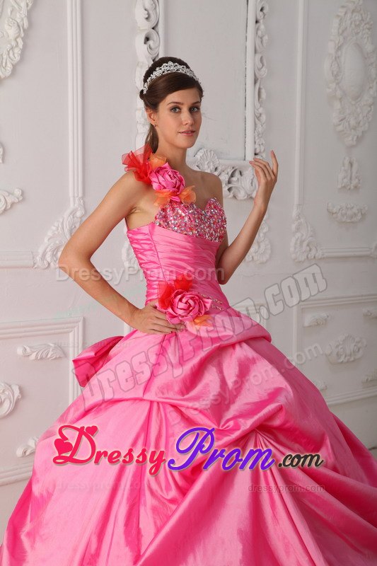 Beaded Sweetheart Rose Pink One Shoulder Quinceanera Dress