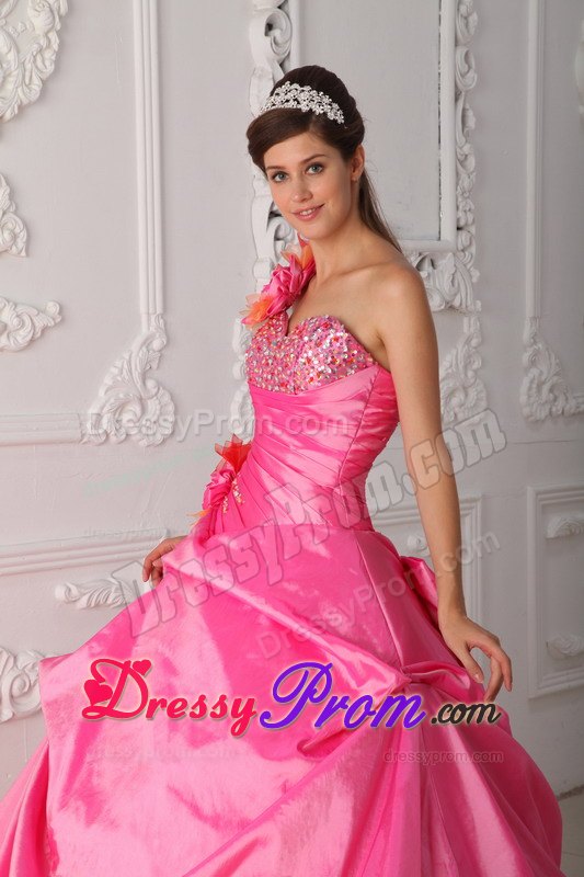 Beaded Sweetheart Rose Pink One Shoulder Quinceanera Dress