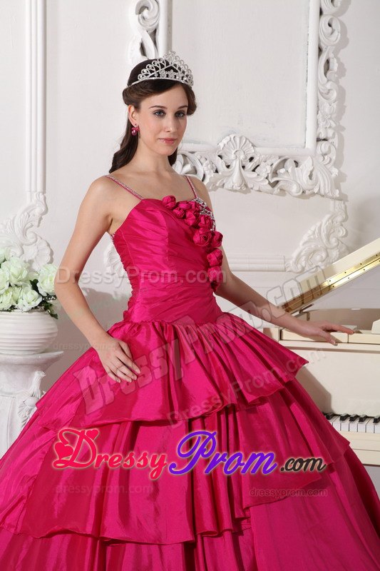 Rose Pink Straps Beading Ruching Ruffled Quinceanera Dress