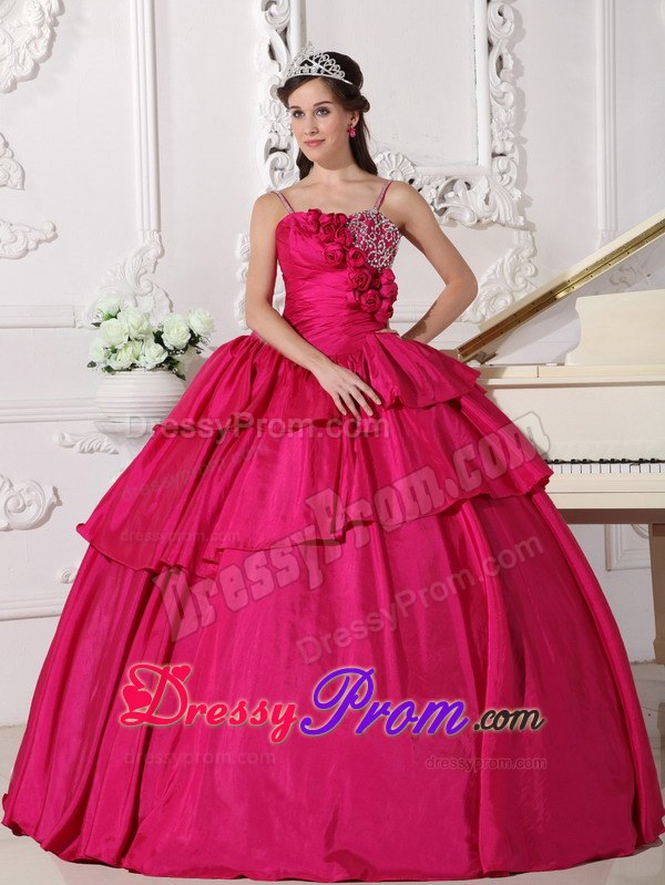 Rose Pink Straps Beading Ruching Ruffled Quinceanera Dress