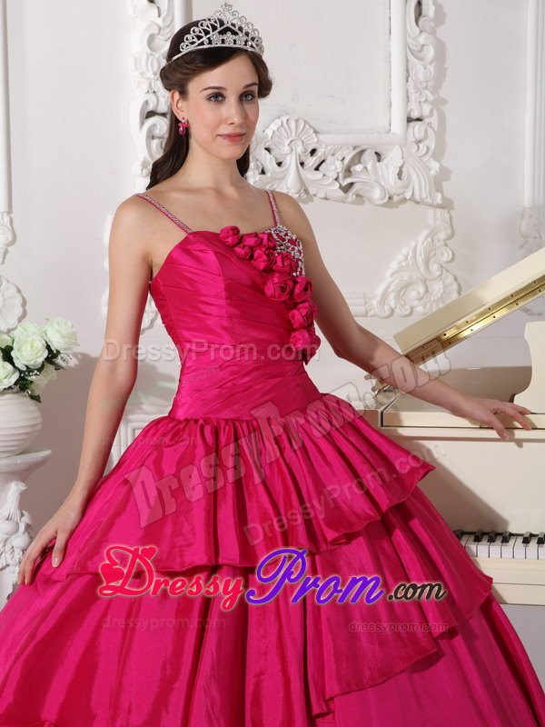 Rose Pink Straps Beading Ruching Ruffled Quinceanera Dress