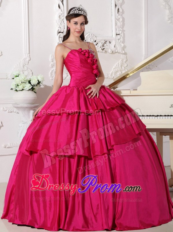 Rose Pink Straps Beading Ruching Ruffled Quinceanera Dress
