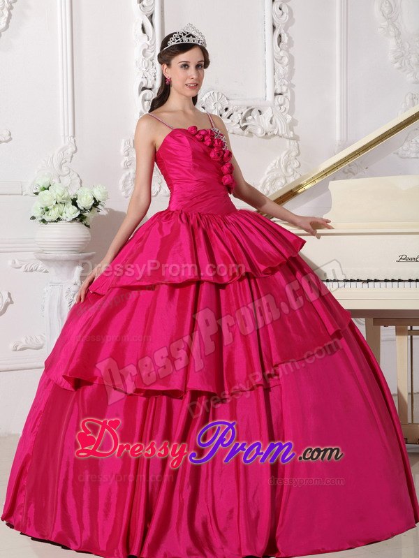 Rose Pink Straps Beading Ruching Ruffled Quinceanera Dress
