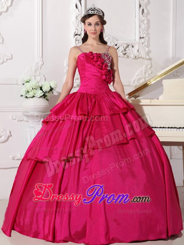 Rose Pink Straps Beading Ruching Ruffled Quinceanera Dress