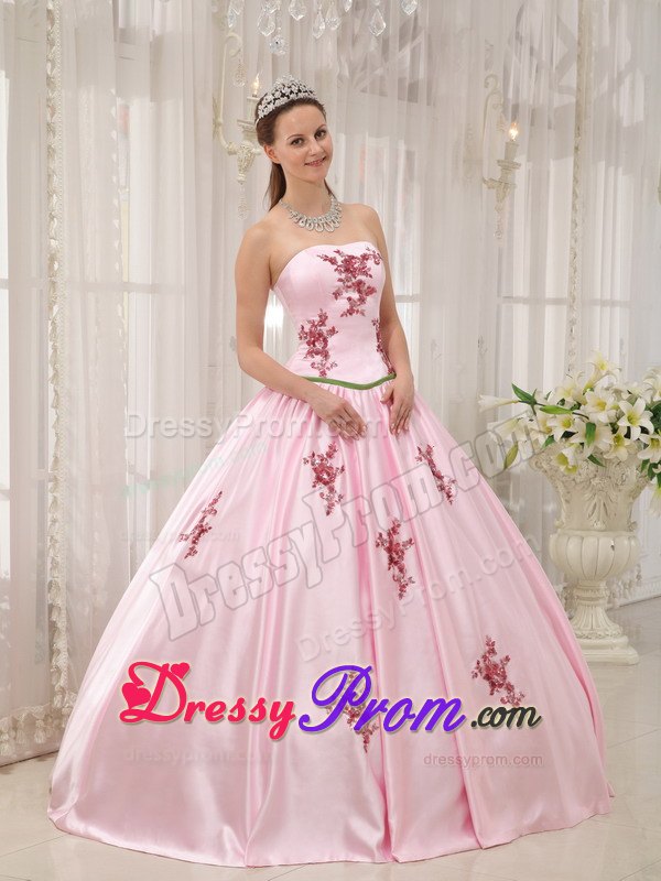 Dropped Waist Pink Strapless Quinceanera Gowns with Appliques