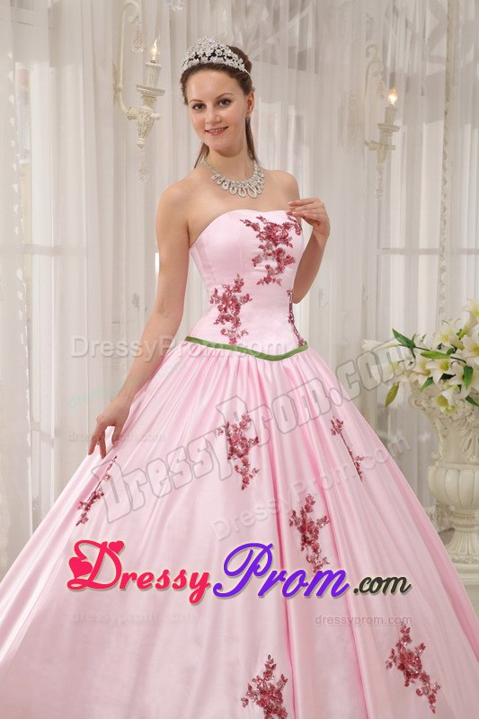 Dropped Waist Pink Strapless Quinceanera Gowns with Appliques