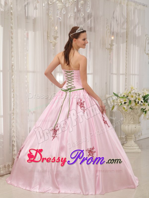 Dropped Waist Pink Strapless Quinceanera Gowns with Appliques
